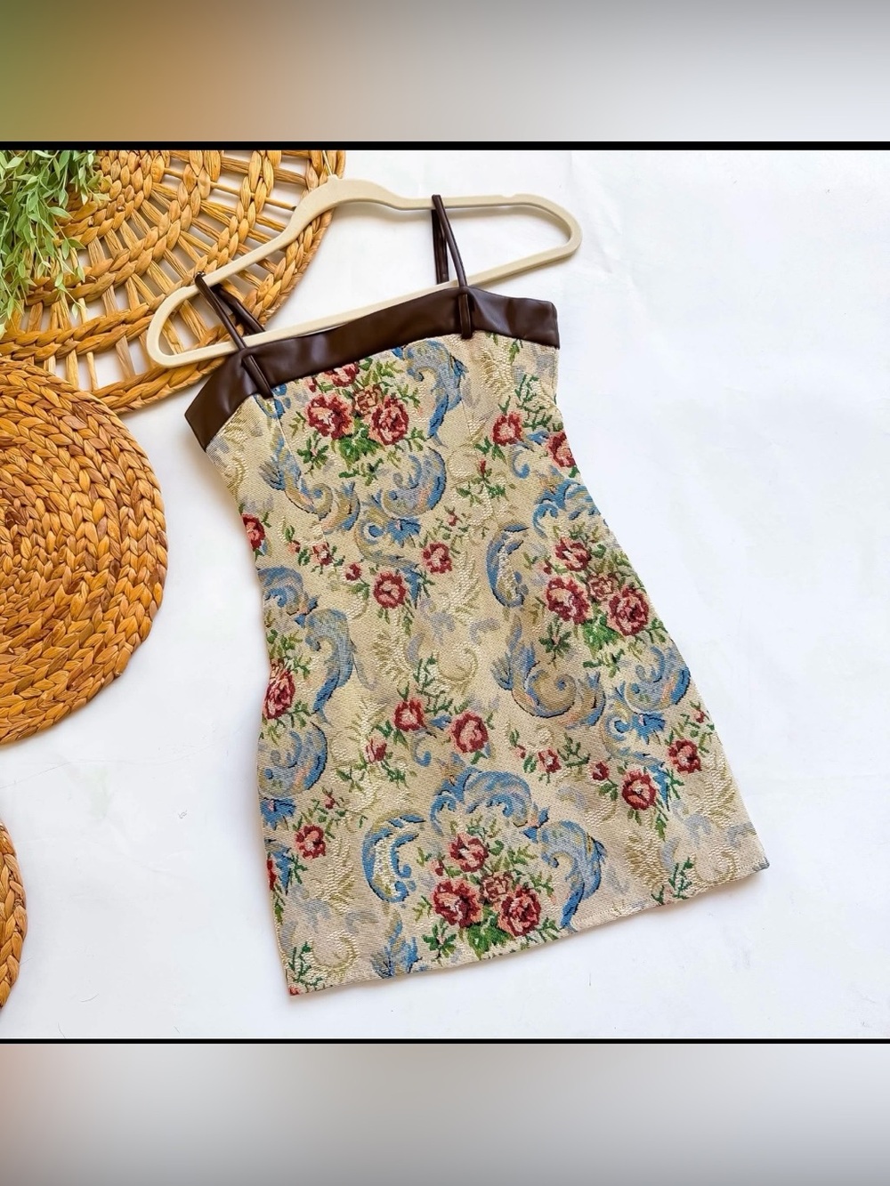 Floral Tapestry Strapless Mini Dress with Brown faux leather Trim so cute! 💙
